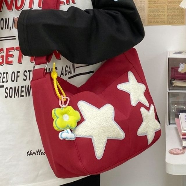 Star Applique Color Block Light Nylon Zipper Crossbody Bag