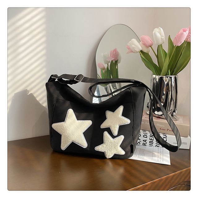 Star Applique Color Block Light Nylon Zipper Crossbody Bag