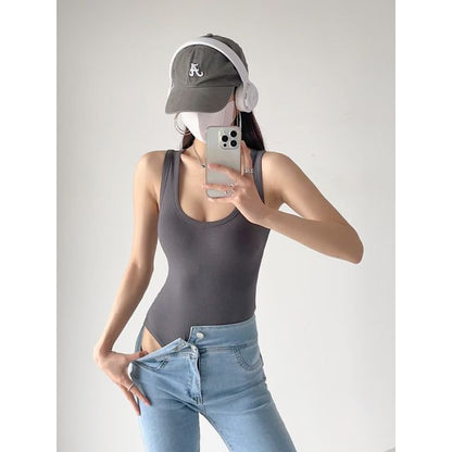 Sleeveless Top Plain Neck Bodysuit Scoop