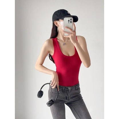 Sleeveless Top Plain Neck Bodysuit Scoop
