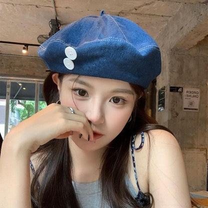 Button Washed Denim Beret