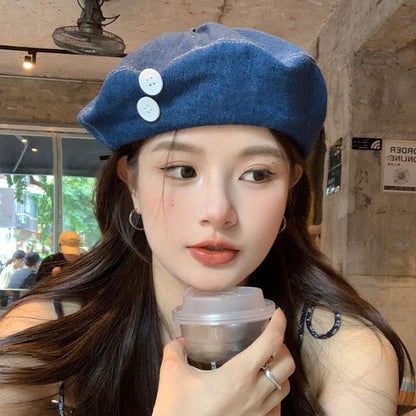 Button Washed Denim Beret