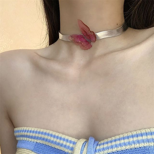 Faux Choker Butterfly Leather