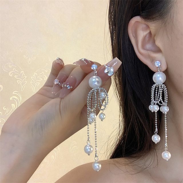 Faux Earring Fringe Drop Pearl
