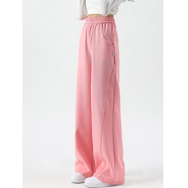 High Waist Plain Pocketed Drawstring Wide Leg Sweatpants