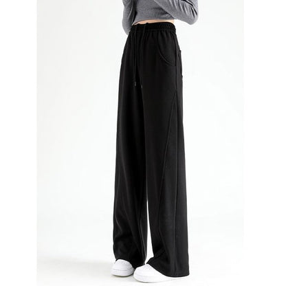 High Waist Plain Pocketed Drawstring Wide Leg Sweatpants