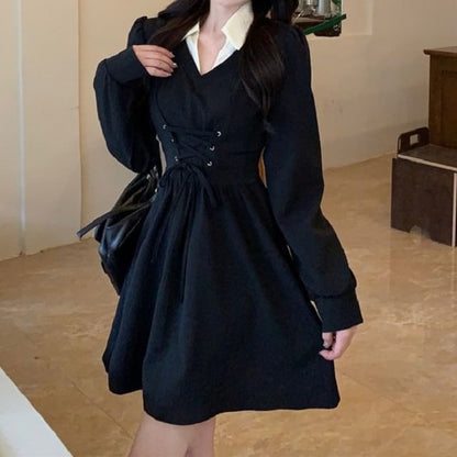 Collar Contrast Lace-Up Mock Dress A-Line Two-Piece Puff-Sleeve Mini