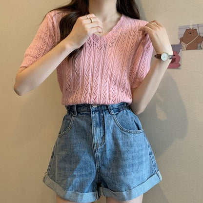 V-Neck Short-Sleeve Crochet Top Knit