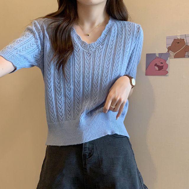 V-Neck Short-Sleeve Crochet Top Knit