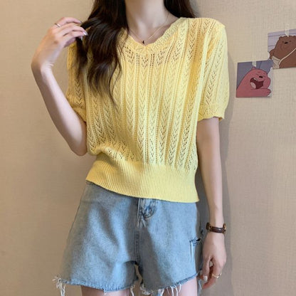 V-Neck Short-Sleeve Crochet Top Knit