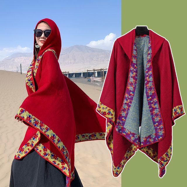 Floral Trim Hooded Cape