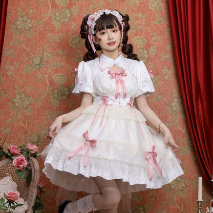 Lolita Short-Sleeve Band Collar Bow Accent Two Tone Lolita A-Line Dress