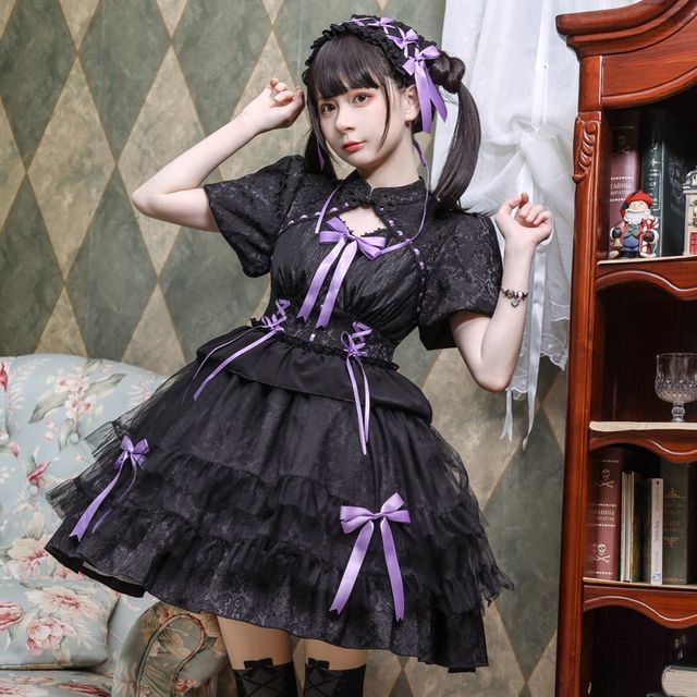 Lolita Short-Sleeve Band Collar Bow Accent Two Tone Lolita A-Line Dress