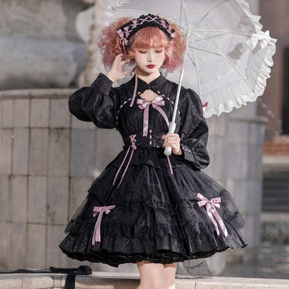 Long-Sleeve Band Collar Bow Two Tone Lolita A-Line Dress