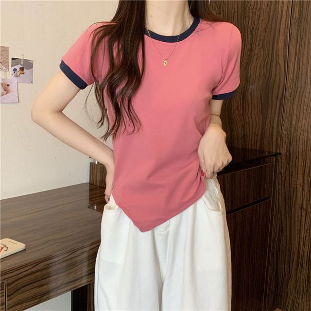 Contrast Asymmetrical Short-Sleeve Neck Tee Trim Crew Plain