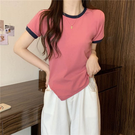 Contrast Asymmetrical Short-Sleeve Neck Tee Trim Crew Plain