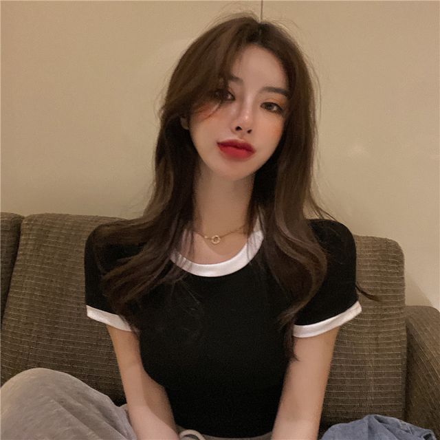 Neck Trim Plain Contrast Tee Crew Cropped Short-Sleeve