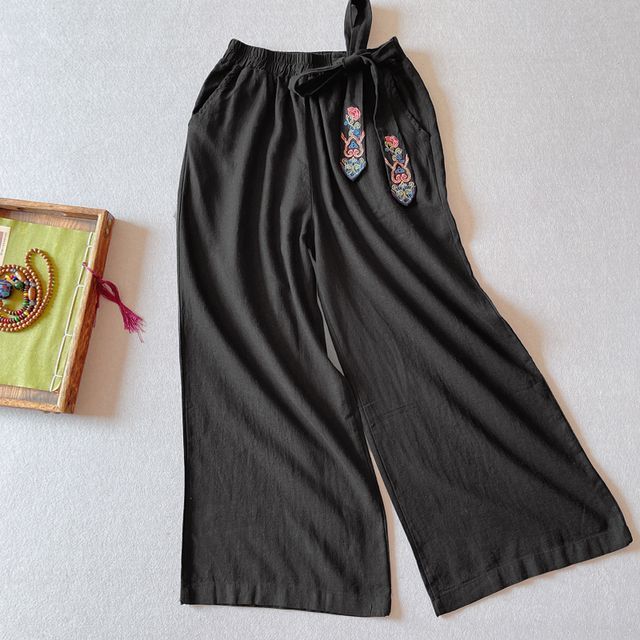 Elastic Waist Embroidered Wide Leg Pants