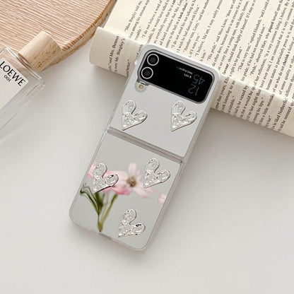 Heart Applique Mirror Phone Case For Samsung Galaxy Z Flip3, Flip4