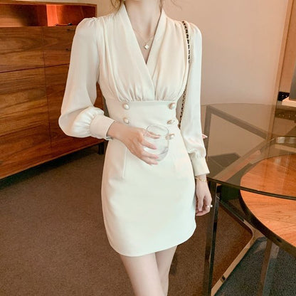 Puff-Sleeve V-Neck Double-Breasted Mini Bodycon Dress