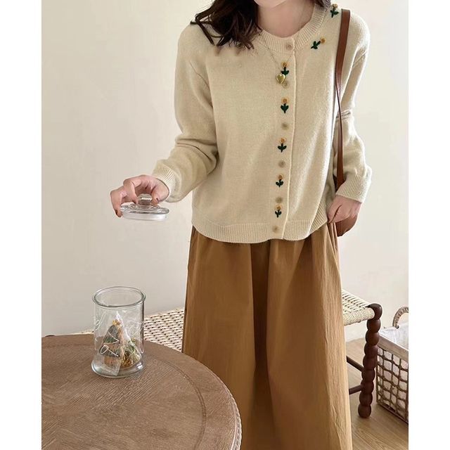 Plain Floral Neck Crew Cardigan