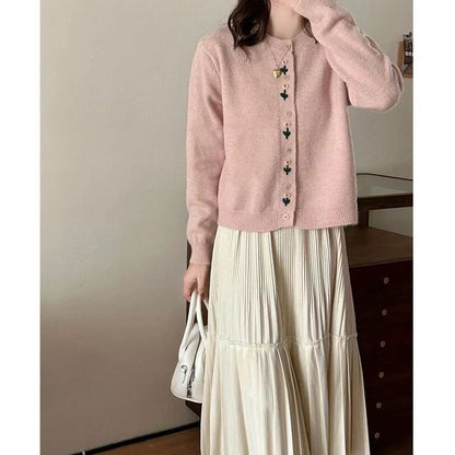 Plain Floral Neck Crew Cardigan