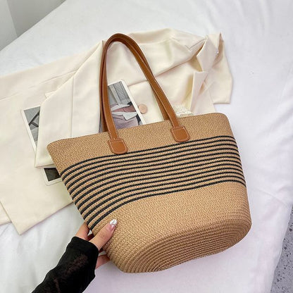 Set: Striped Straw Tote Bag + Lace Strap