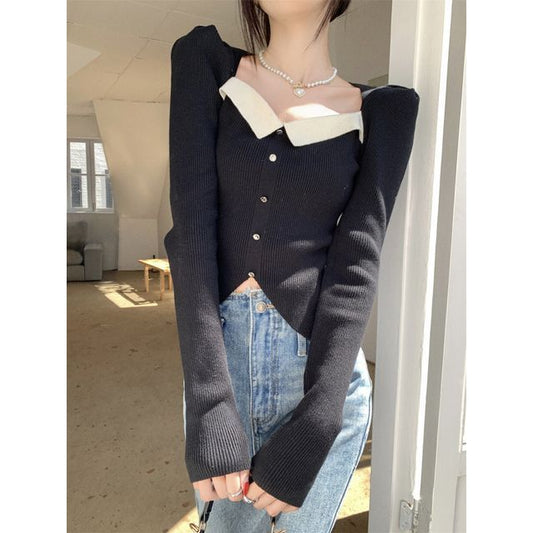 Knit Top Slim-Fit Square-Neck Puff-Sleeve