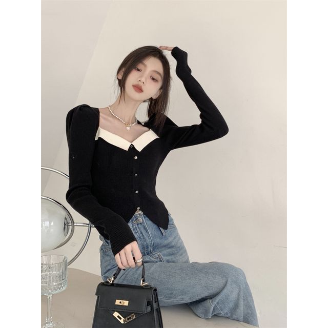 Knit Top Slim-Fit Square-Neck Puff-Sleeve