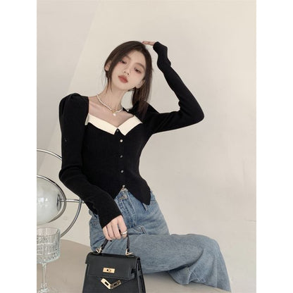 Knit Top Slim-Fit Square-Neck Puff-Sleeve