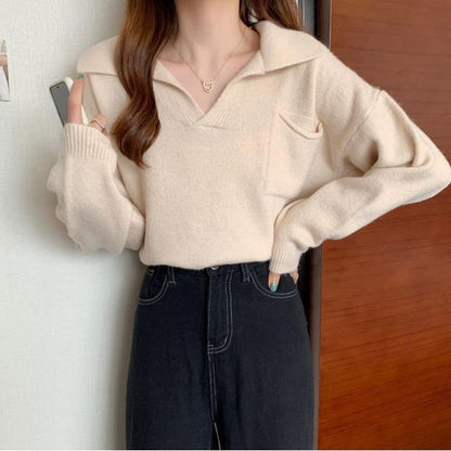 Loose-Fit Plain Sweater V-Neck