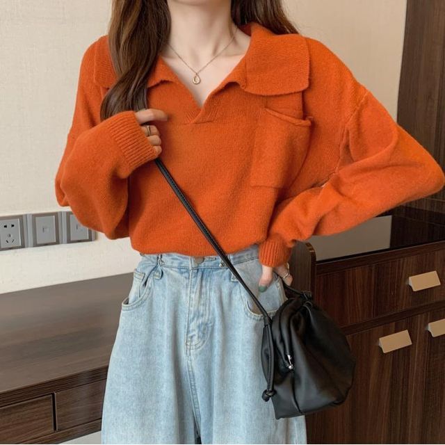 Loose-Fit Plain Sweater V-Neck