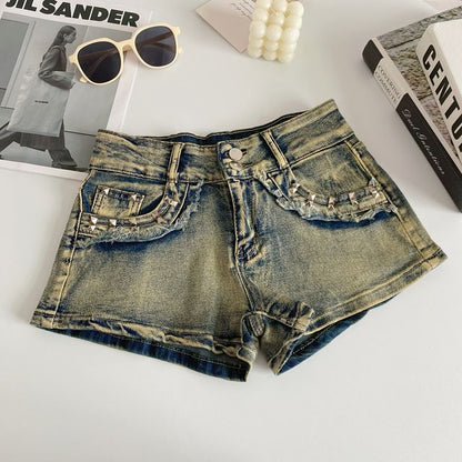 High Waist Washed Studded Denim Shorts