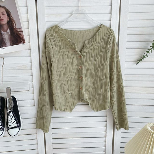 Long-Sleeve Plain Shirred Button-Up Blouse