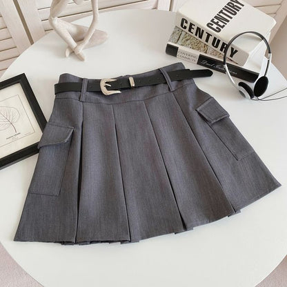 Set: High Waist Plain Pleated Mini A-Line Cargo Skirt + Faux Leather Belt