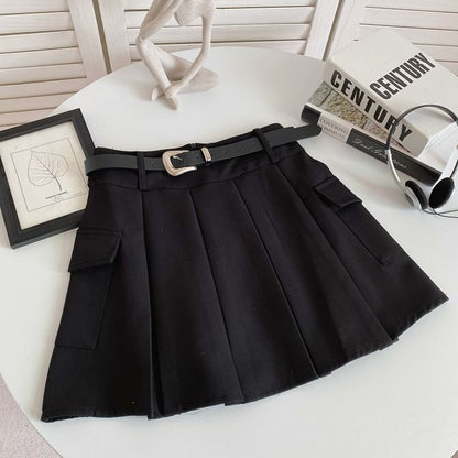 Set: High Waist Plain Pleated Mini A-Line Cargo Skirt + Faux Leather Belt