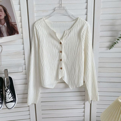 Long-Sleeve Plain Shirred Button-Up Blouse