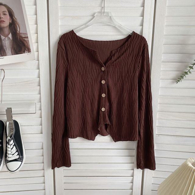 Long-Sleeve Plain Shirred Button-Up Blouse