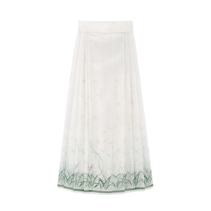 Traditional Chinese Set: 3/4-Sleeve Collared Embroidered Print Panel Tie Front Blouse + High Rise Pleated Maxi A-Line Skirt