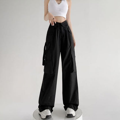 Waist Detailed Pocketed High Waist Plain Wide Leg Cargo Pants