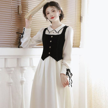 Long-Sleeve Collared Contrast Trim Midi A-Line Dress / Square Neck Plain Lace Trim Button-Up Crop Vest / Set