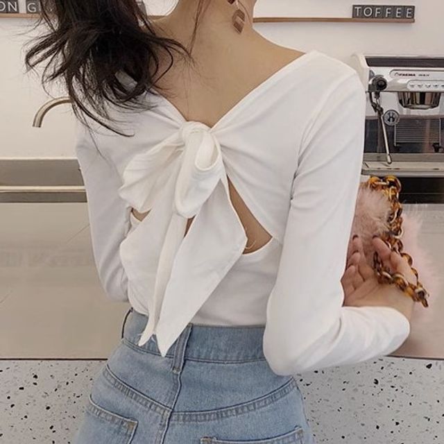 Long-Sleeve V-Neck Plain Bow Back T-Shirt