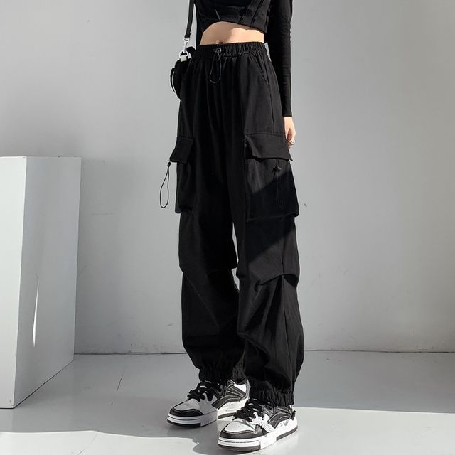 Mid Waist Plain Drawstring Cargo Baggy Pants