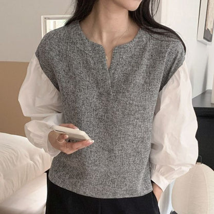 Long-Sleeve Notch Neck Melange Panel Blouse