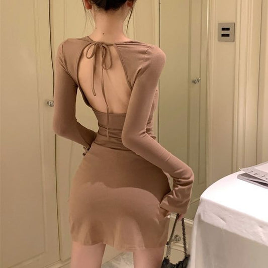 Dress Long-Sleeve Plain Sheath Open Back Mini Crew Neck
