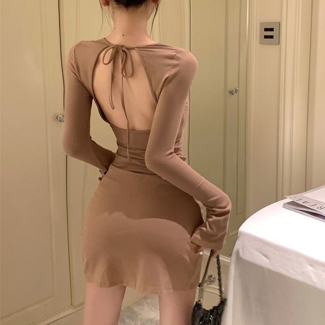 Dress Long-Sleeve Plain Sheath Open Back Mini Crew Neck