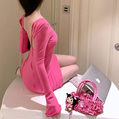 Dress Long-Sleeve Plain Sheath Open Back Mini Crew Neck