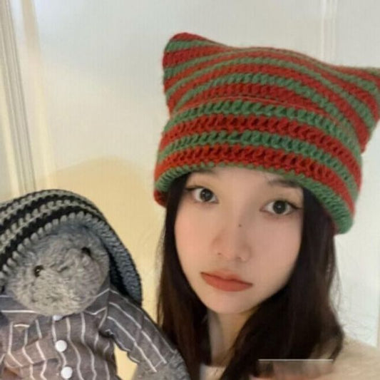 Cat Ear Striped Knit Beanie