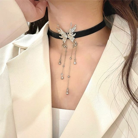 Faux Rhinestone Fringed Choker Butterfly Leather