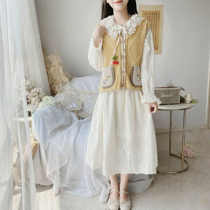 Flower Embroidered Single-Breasted Vest / Long-Sleeve Lace Trim Midi A-Line Dress